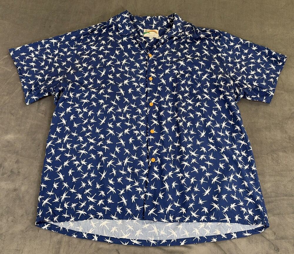 Vintage Paradise Found Hawaiian Shirt Bird of Paradise Navy and White 2X Chrty